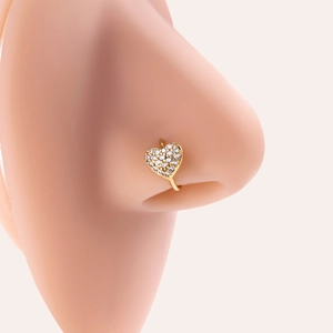 L-shaped gold titanium nose stud with sparkling heart-shaped rhinestone inlay design