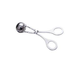 Polished stainless steel meatball maker tool with round ring handles on white background
