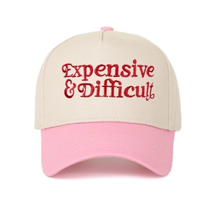Two-tone baseball cap in beige and pink with Expensive & Difficult red embroidery