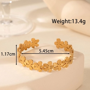 Gold bohemian flower hollow cuff bangle with dimensions and weight measurements
