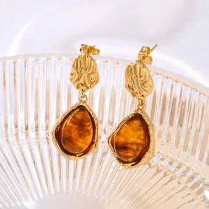 Golden double-layer stainless steel earrings with amber resin waterdrop pendants