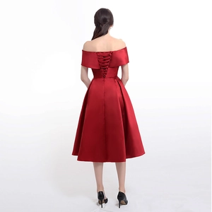 Elegant burgundy satin A-line cocktail dress with off-shoulder neckline and lace-up back