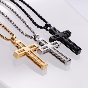 Three-color spring cross necklaces in gold, silver and black stainless steel finish