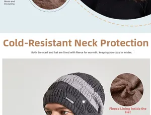 Detailed close-up of winter knit hat and scarf set with warm brown fleece lining texture