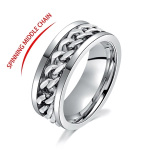 Silver rotatable chain ring for men in titanium steel with a stress-relief spinner design