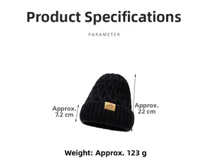 Detailed knit beanie view showing 22cm height, 7.2cm cuff and premium leather label