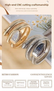 Detailed view of snake-shaped bracelet watch with crystal bezel and spiral metal band