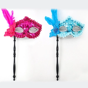 Masquerade handheld sequin masks with feathers in rose pink and lake blue colors