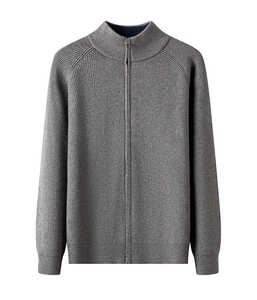 Detail view of the gray rib-knit texture and full zipper on a men's casual cardigan