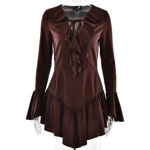 Robe marron à manches longues avec col en V, volants et détail à nouer devant