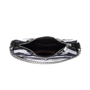 Top view of Aztec print shoulder bag with silver chain trim and open interior pocket