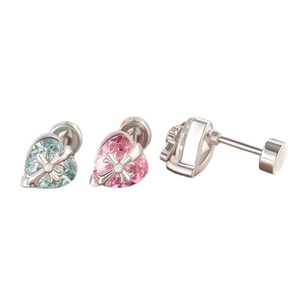 Titanium steel heart stud earrings with colorful zircon and cross pattern engravings