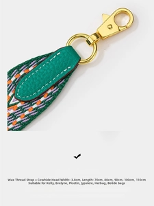 Macro shot of geometric wax wire woven bag strap with green leather and gold hardware