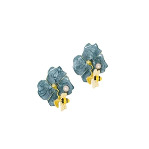 Vintage floral pearl earrings with blue oil drip petals and golden bee accents