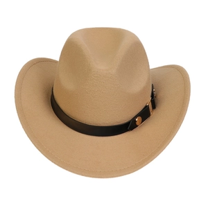 Close-up of khaki felt western cowboy hat featuring black leather band and gold metal studs
