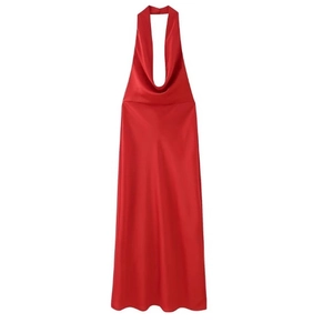 Elegant red satin midi dress with backless halter neck design for a flowing silhouette