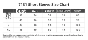 Detailed size chart for solid color slim fit yoga t-shirt showing S to XL measurements
