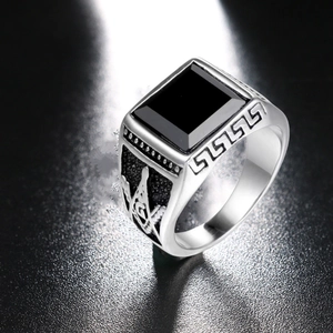 Men Vintage Ring Silver Plated Alloy Square Black Obsidian Style Stone Masonic Symbol Adjustable Open Design Punk Jewelry