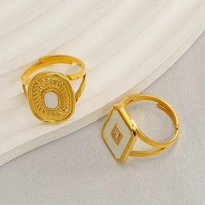Vintage 18K gold plated hollow geometric rings with white inlay and adjustable band