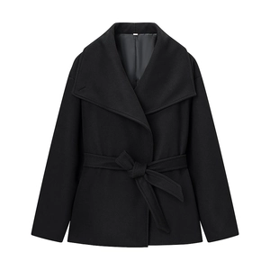 Women's black wool coat with stylish lapel collar and adjustable tie waist belt for autumn
