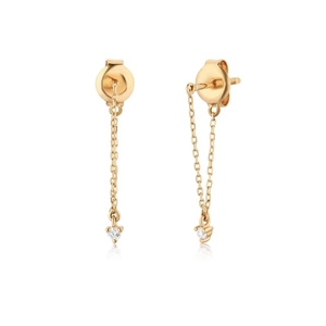 Detailed view of S925 sterling silver golden chain earrings with diamond studs on white background