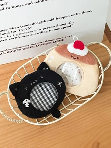 Cute plush cat and pudding holders with round clear windows for card storage and keychains