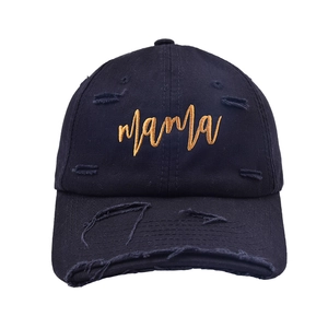 Distressed navy baseball cap with gold Mama embroidery and vintage ripped details