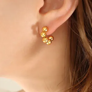 Vintage C-shaped beaded hoop earrings in polished 18k gold plated titanium steel finish