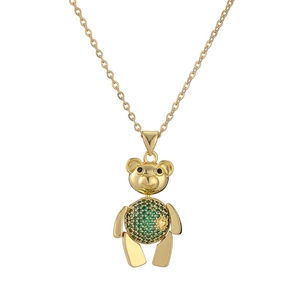 Charmant collier ours doré avec ventre en pavé de cristaux verts sur une fine chaîne en O