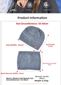 Guide des tailles pour ensemble bonnet et tour de cou en tricot d'hiver avec dimensions
