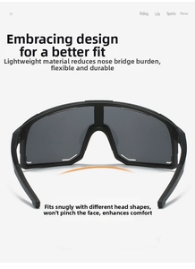 Detail view of lightweight black cycling sunglasses with flexible temples and nose pads