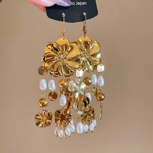 Vintage Gold Blumen Ohrringe mit Perlenquasten im böhmischen Palaststil Design