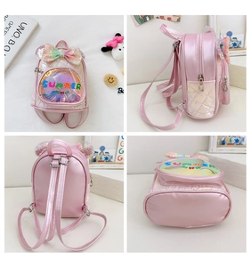 Detailed four-angle view of pink sequin bow backpack with holographic finish for girls