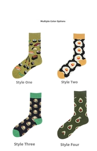 Detail view of four novelty crew socks with sushi, egg, burger, and avocado food patterns