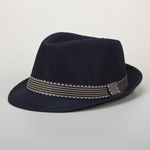 Navy blue woven fedora straw hat with striped ribbon band for sun protection
