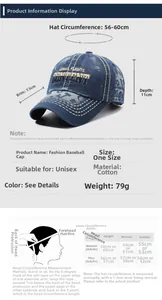 Detailed size chart for vintage washed baseball cap featuring 56-60cm head circumference