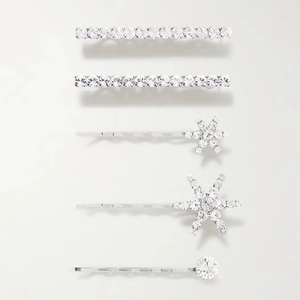 Set of 5 elegant silver rhinestone hair pins featuring snowflake and geometric crystal designs