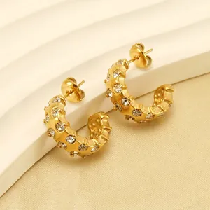 C-Shape Hoop Earrings 18K Gold Plated Stainless Steel Sparkling Zircon Inlaid Light Luxury Fashion Jewelry For Women