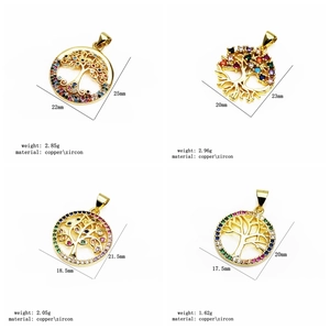 Macro view of copper tree of life pendants with colorful zircon and size details