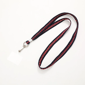 Navy blue and red woven phone lanyard strap with metal clasp on white background