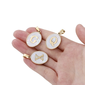22mm oval stainless steel letter pendant with shell inlay for DIY jewelry necklaces