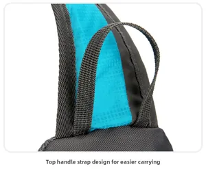 Detail of the durable top webbing handle in teal and grey on a waterproof crossbody bag