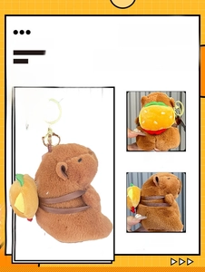 Macro view of plush capybara keychain with mini burger backpack and gold lobster clasp