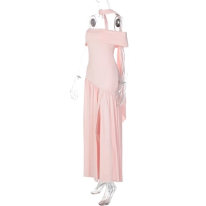 Detailed view of pink off-the-shoulder dress featuring a side slit and elegant halter neck