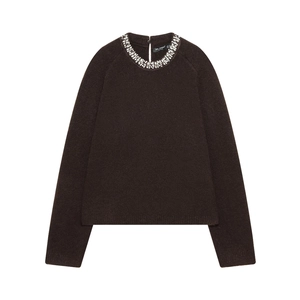Women Knit Sweater Long Sleeve Round Neck Rhinestone Beaded Collar Pullover Top Elegant Chic