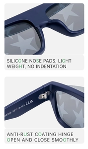 Detail of square sunglasses showing soft silicone nose pads and anti-rust hinges