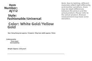 Detailed size specifications for revolving clover ring with 10mm width and plating details