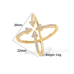 18K gold plated crisscross X ring for women with cubic zirconia arrows and 3.6g weight