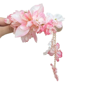 Elegant pink fabric flower hair clip with beaded tassel and duckbill clip for women
