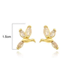 Close-up of bird-shaped gold stud earrings with marquise-cut zircons and 1.5cm size mark